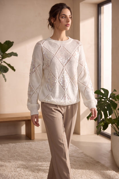 White Textured Knit Relaxed Sweater with Diamond Sequin Panels white textured knit sweater - product view 8