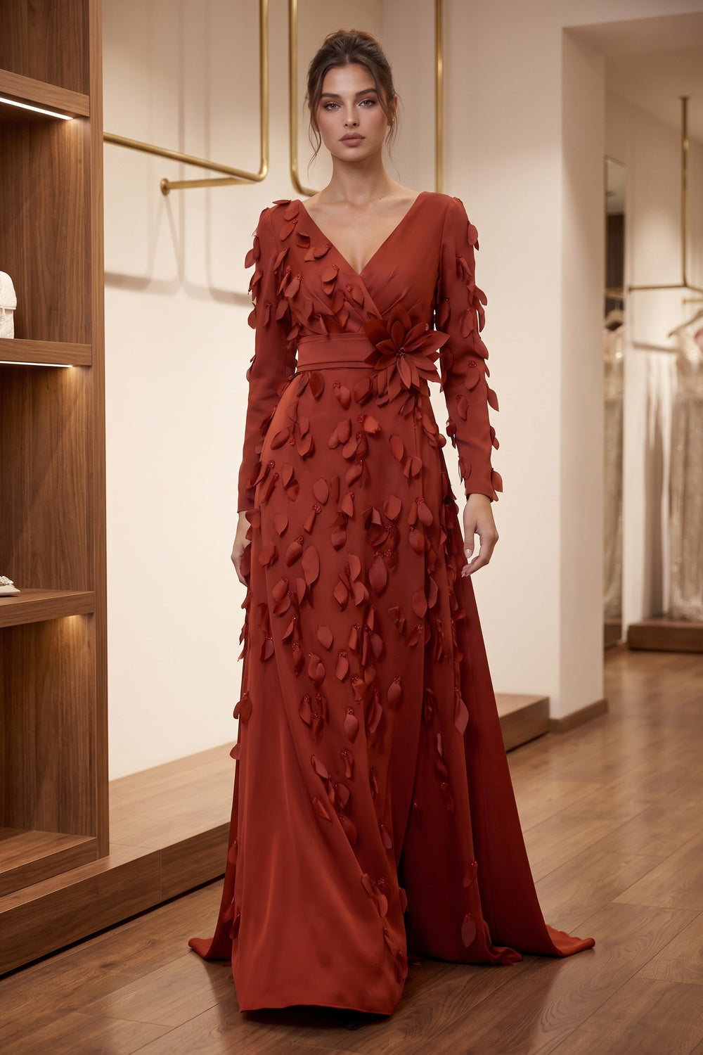 Rust Red Satin-Crepe A-Line Evening Gown with 3D Leaf Appliqués rust red satin-crepe evening gown - product view 8