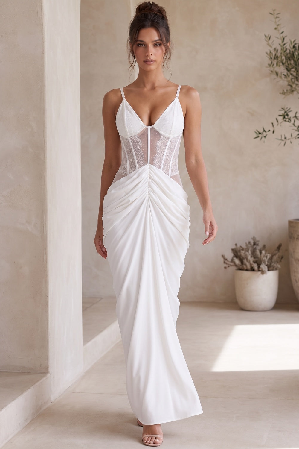 White Crepe Maxi Dress with Corset Lace Bodice and Draped Skirt white crepe maxi dress - product view 8