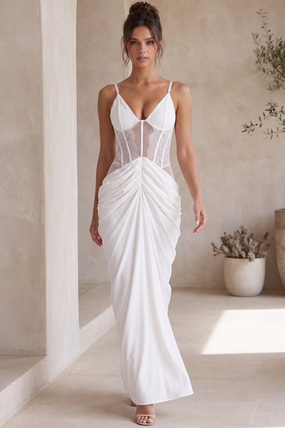 White Crepe Maxi Dress with Corset Lace Bodice and Draped Skirt white crepe maxi dress - product view 8