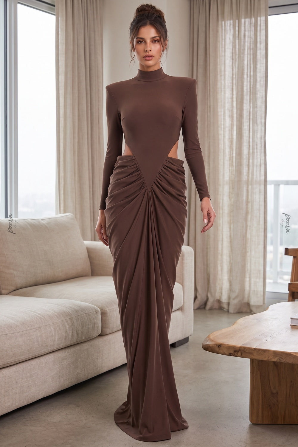 Chocolate Brown Matte Jersey Column Gown with Structured Shoulders chocolate brown matte stretch jersey gown - product view 8