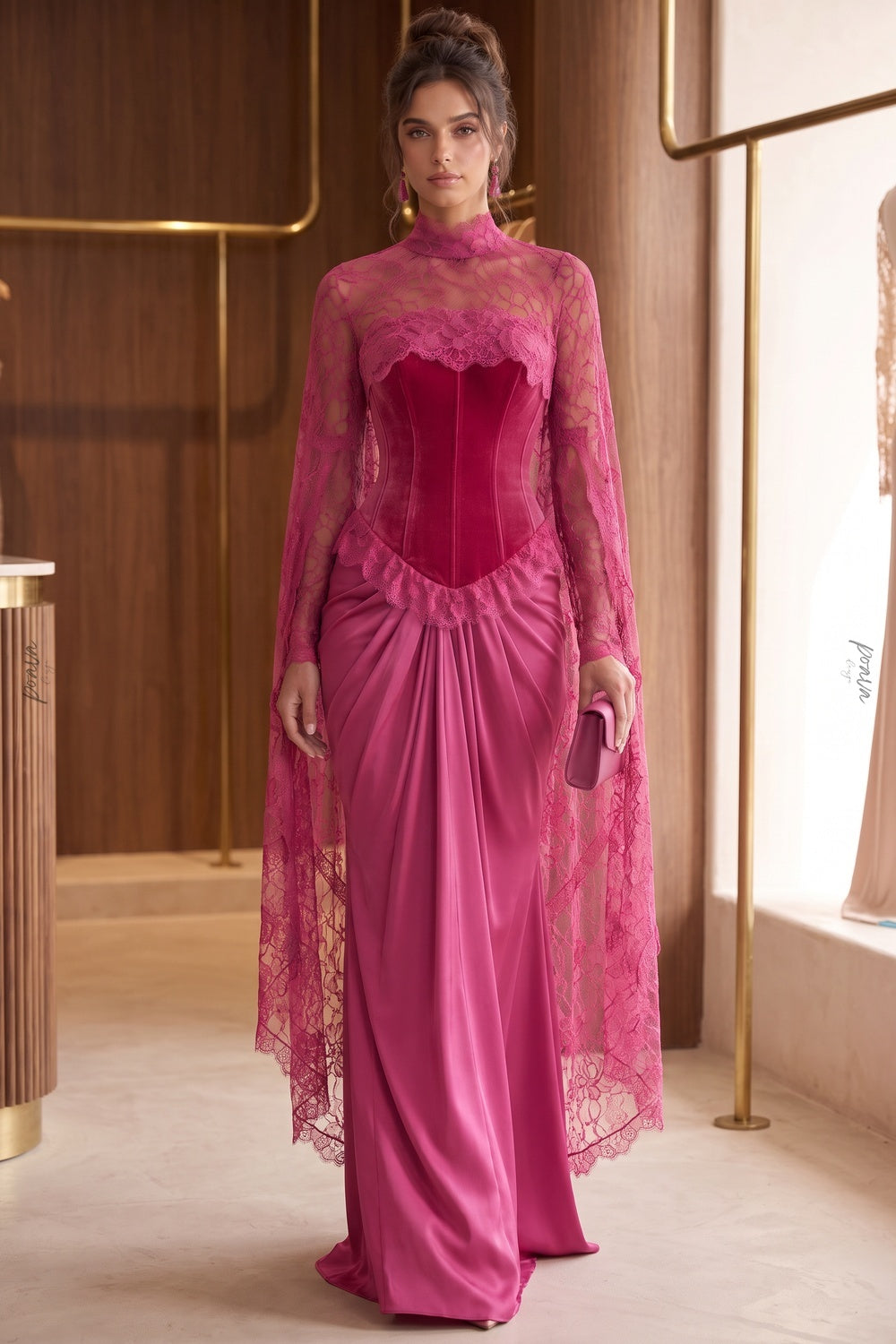 Magenta Velvet Corset-Bodice Draped Gown magenta velvet evening gown - product view 8