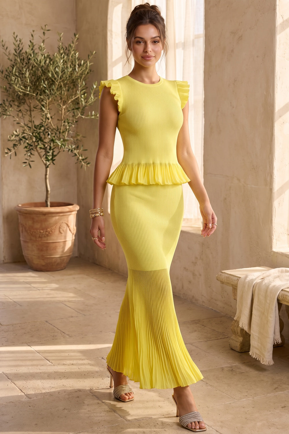 Lemon Yellow Ribbed Knit Mermaid Peplum Two-Piece Set lemon yellow ribbed knit two-piece set - product view 8
