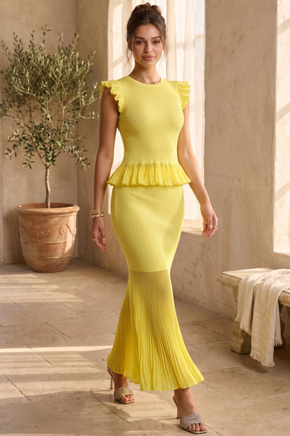 Lemon Yellow Ribbed Knit Mermaid Peplum Two-Piece Set lemon yellow ribbed knit two-piece set - product view 8