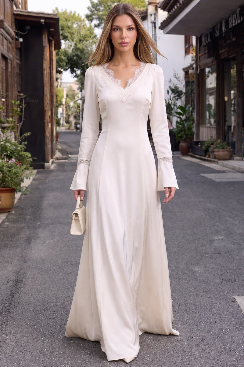 Off-White Satin A-Line Floor-Length Dress with Lace Detailing
