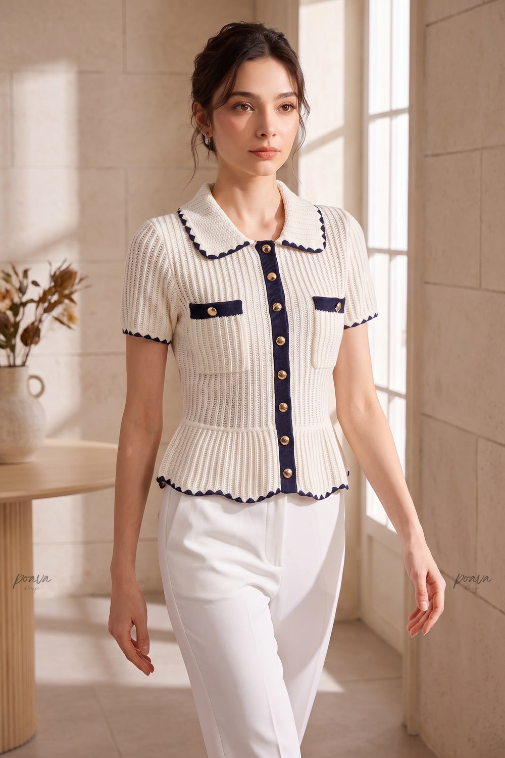 Cream Ribbed Knit Peplum Short-Sleeve Cardigan cream ribbed knit short-sleeve knit cardigan - product view 8