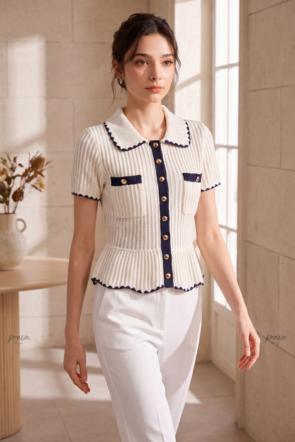 Cream Ribbed Knit Peplum Short-Sleeve Cardigan cream ribbed knit short-sleeve knit cardigan - product view 8