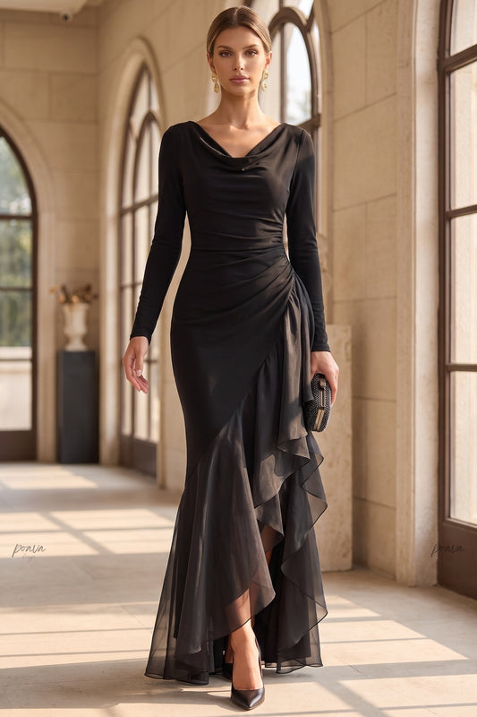 Black Crepe Mermaid Gown with Sheer Ruffle Skirt black crepe gown - product view 8