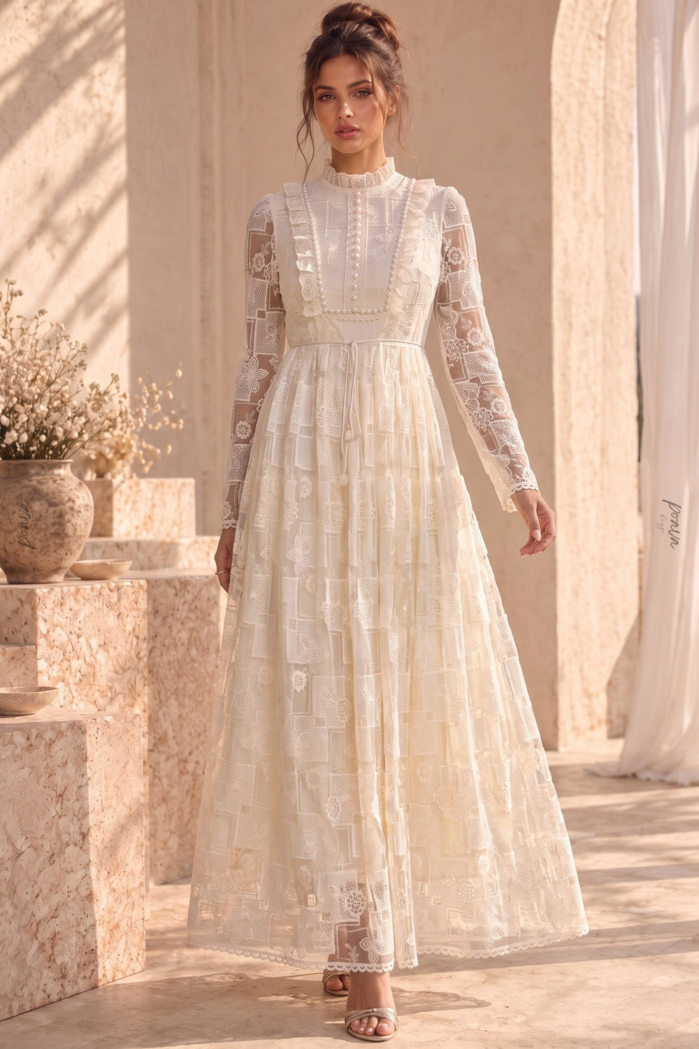 Cream Lace A-Line Maxi Dress cream lace dress - product view 6