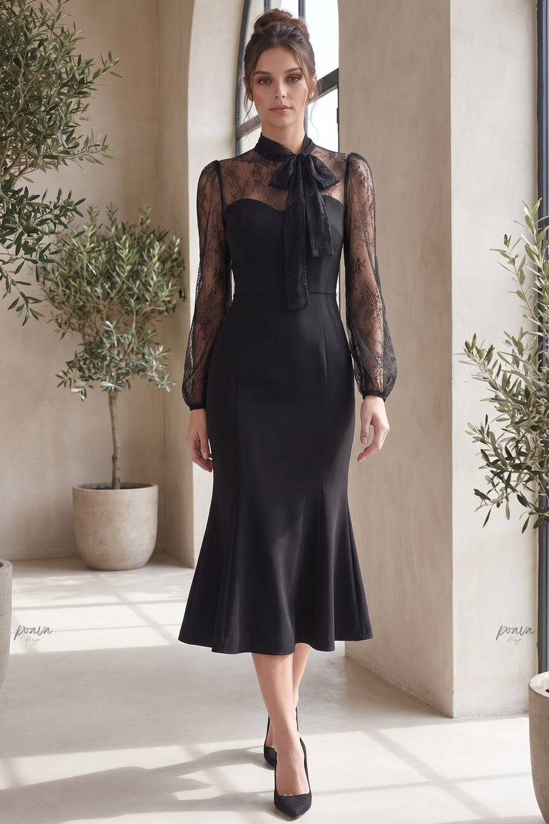 Black Crepe Mermaid Dress with Sheer Floral Lace Sleeves