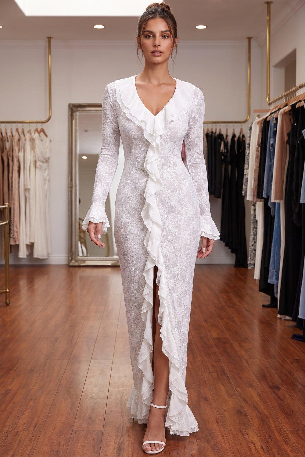 White Floral Stretch Lace Sheath Maxi Dress white floral stretch lace maxi dress - product view 6