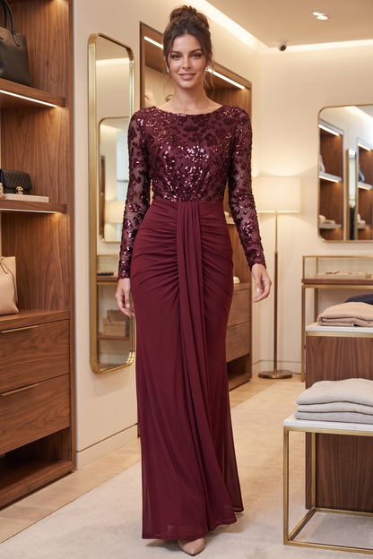 burgundy sequined mesh column evening gown burgundy sequined mesh evening gown - product view 8