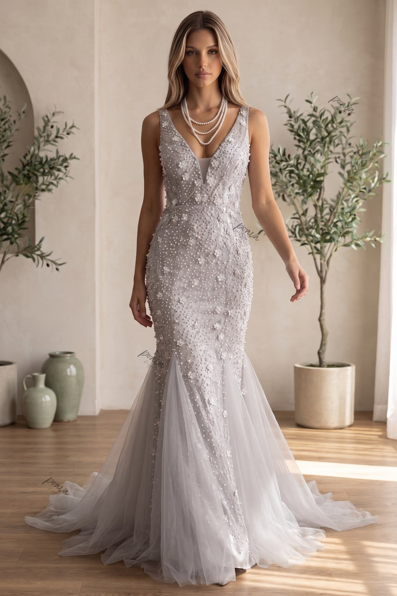 Silver-Grey Pearl Embellished Mermaid Gown