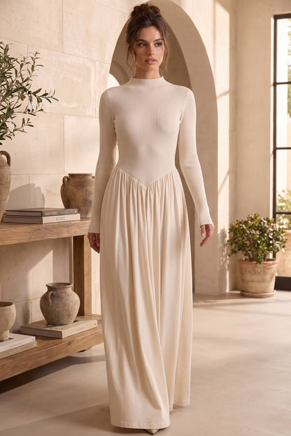 Cream Ribbed Knit Fitted Bodice with Gathered A-Line Skirt Dress cream ribbed knit dress - product view 8
