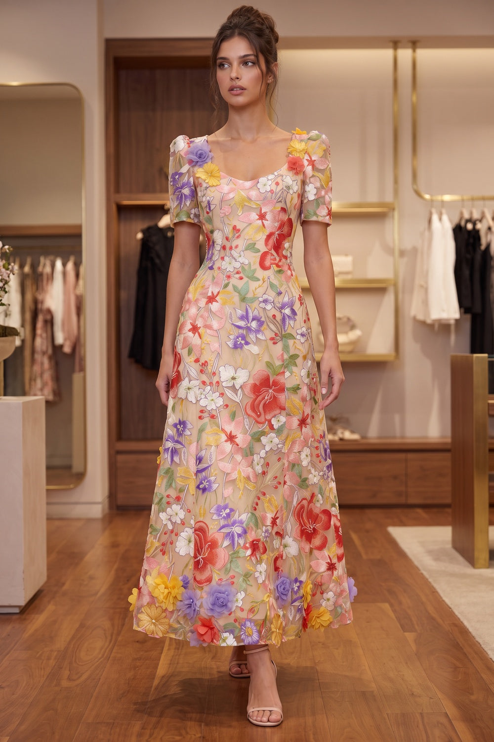 Nude Sheer Organza A-Line Midi Dress with Multicolor 3D Floral Embroidery nude, beige sheer organza overlay dress - product view 8