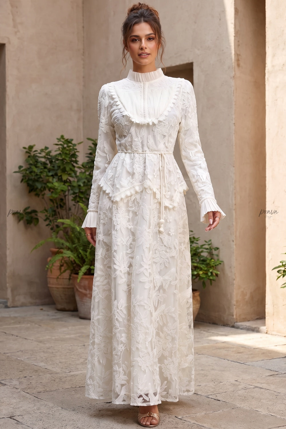 Ivory Floral Embroidered Lace A-line Maxi Dress with Tiered Waist Overlay Ivory Floral embroidered lace Maxi dress - product view 7