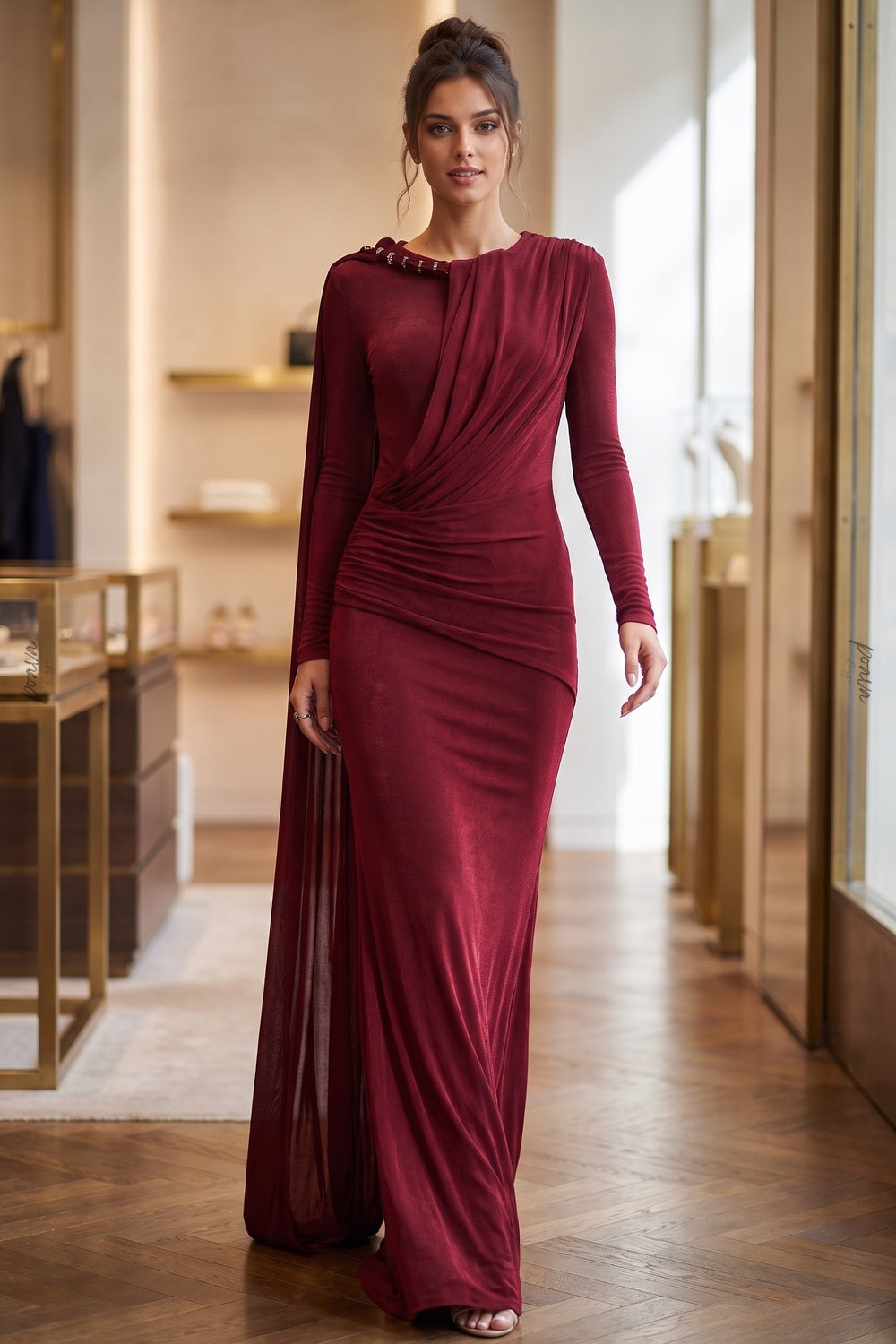 Burgundy Metallic Jersey Column Evening Gown burgundy metallic jersey evening gown - product view 8