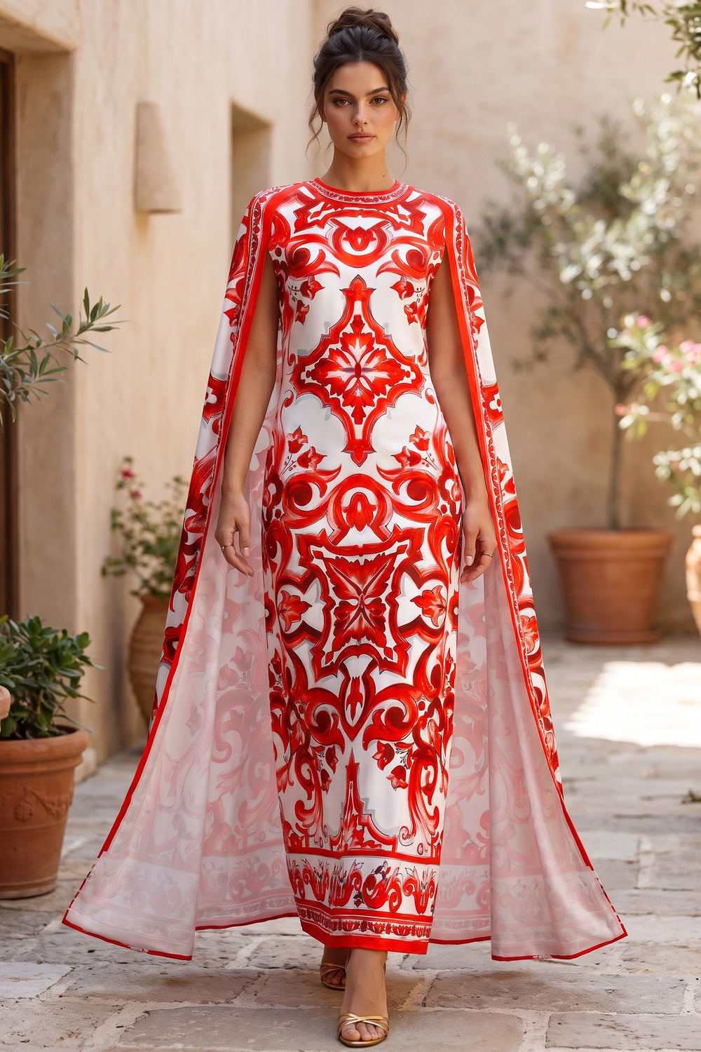 White Majolica Tile Print Cape Dress White Satin or silk crepe Cape dress - product view 8