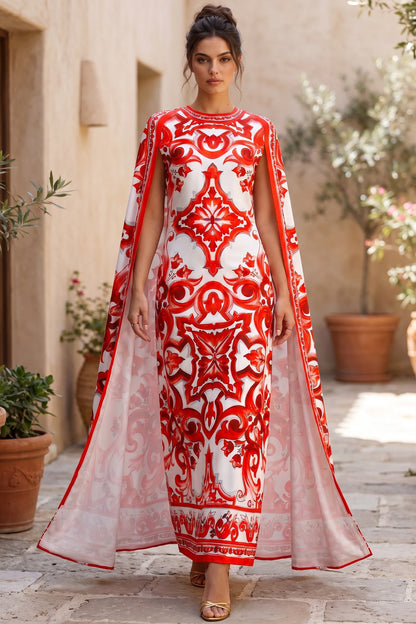 White Majolica Tile Print Cape Dress White Satin or silk crepe Cape dress - product view 8
