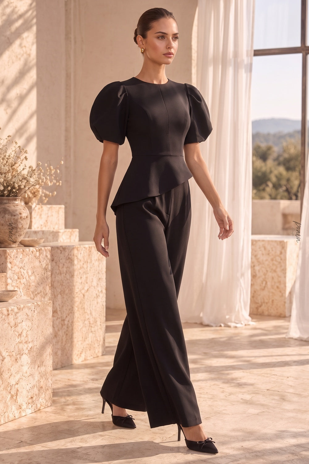 Black Structured Crepe Two-Piece Set with Puff Sleeves and Asymmetrical Peplum black Structured mid-weight crepe Two-piece set (top and trousers) - product view 8