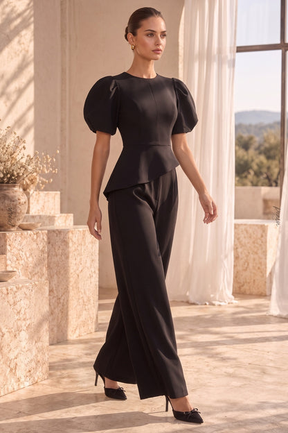 Black Structured Crepe Two-Piece Set with Puff Sleeves and Asymmetrical Peplum black Structured mid-weight crepe Two-piece set (top and trousers) - product view 8