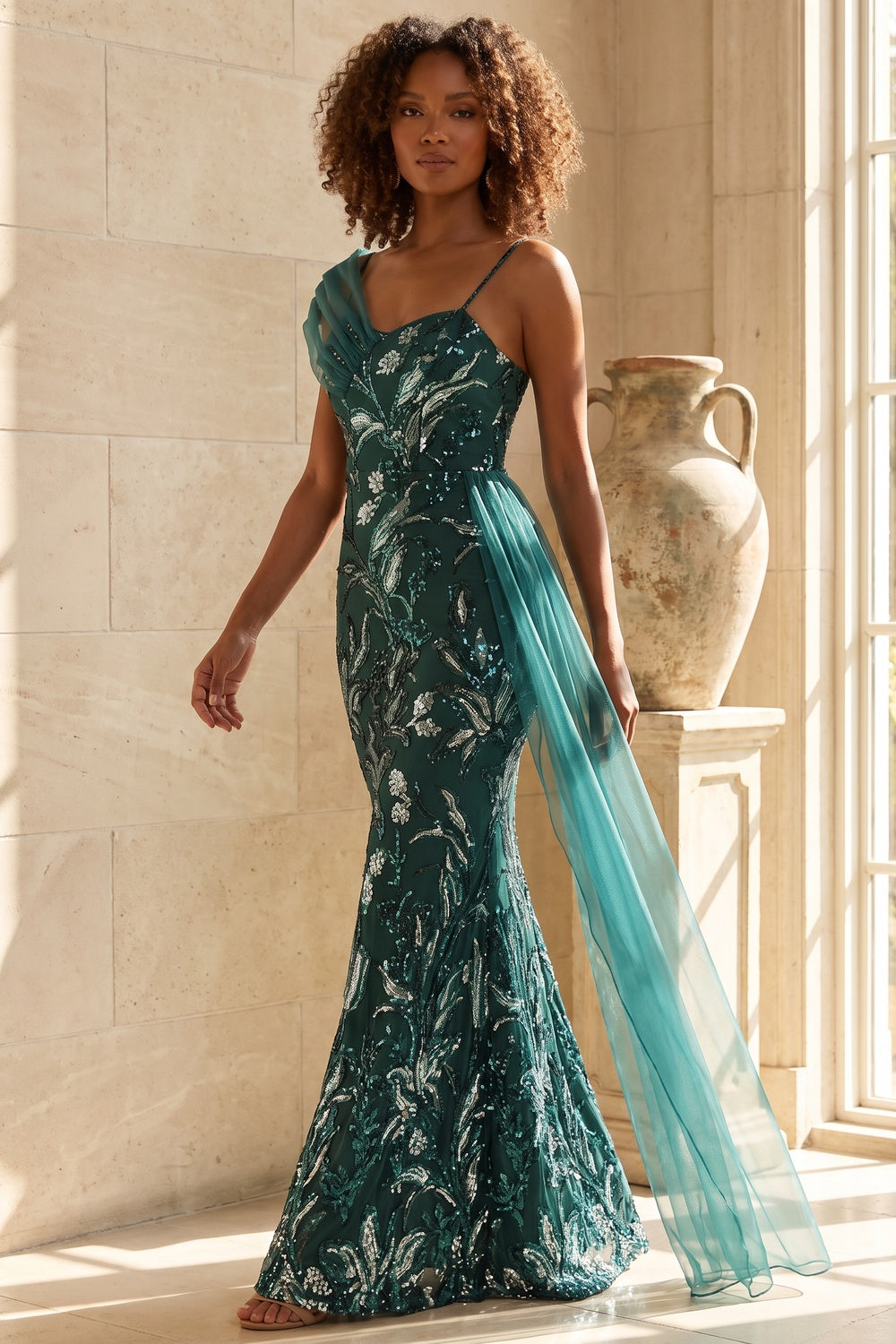 Premium Fabric One-Shoulder Sequin Gown Premium Fabric - product view 2