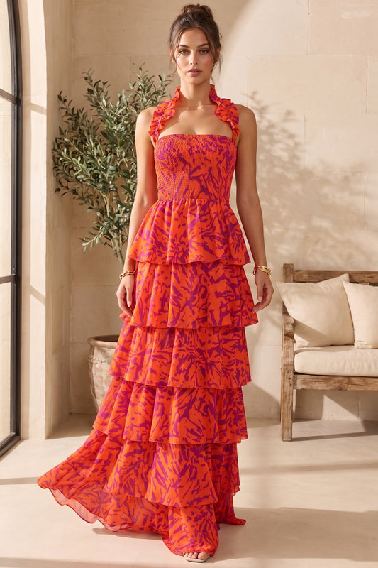 Orange and Purple Abstract Painterly Tiered Halter Maxi Dress orange lightweight woven synthetic tiered halter maxi dress - product view 8