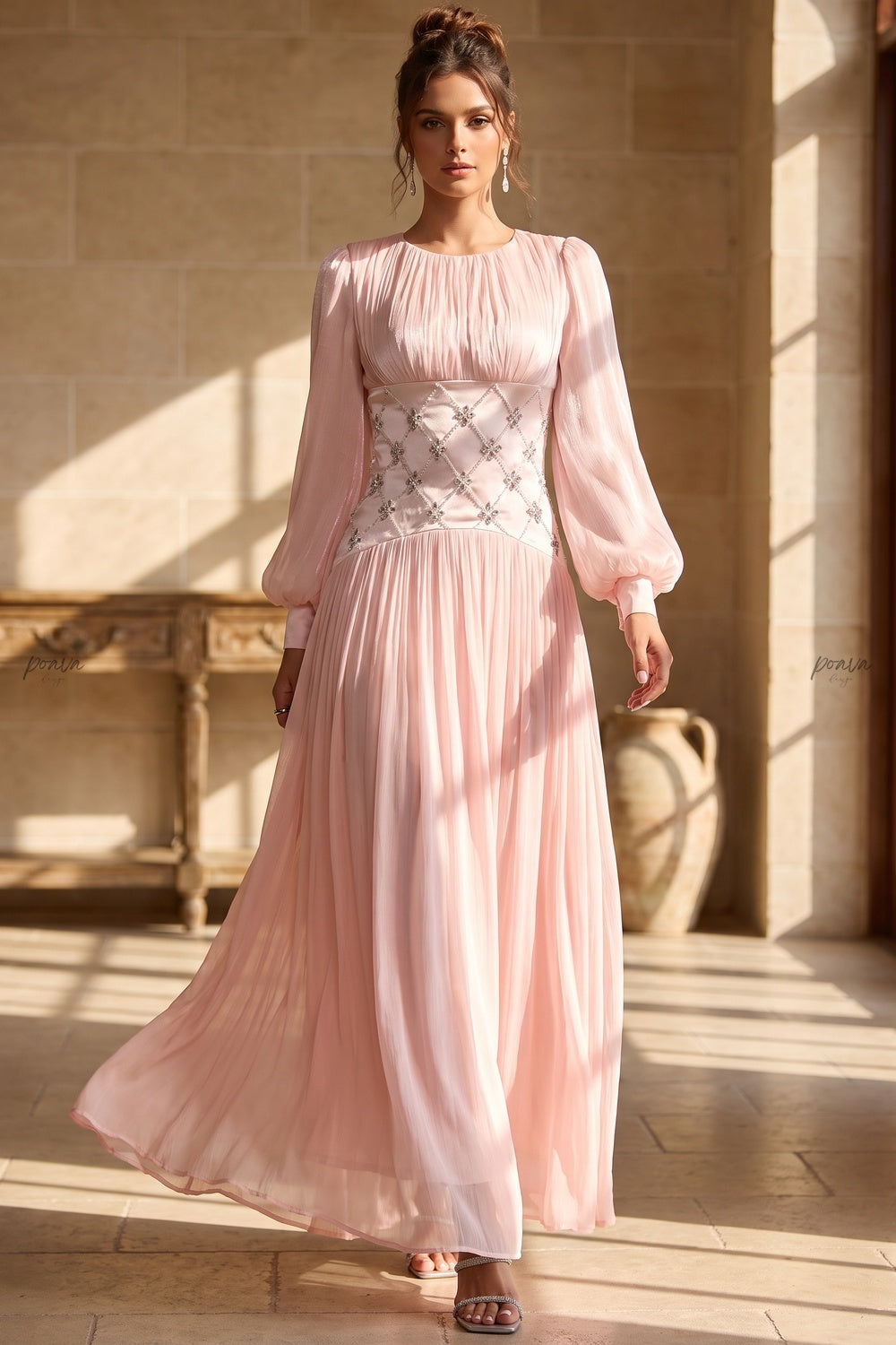 Pale Pink Chiffon A-Line Maxi Dress with Embellished Waist pale pink chiffon maxi dress - product view 6