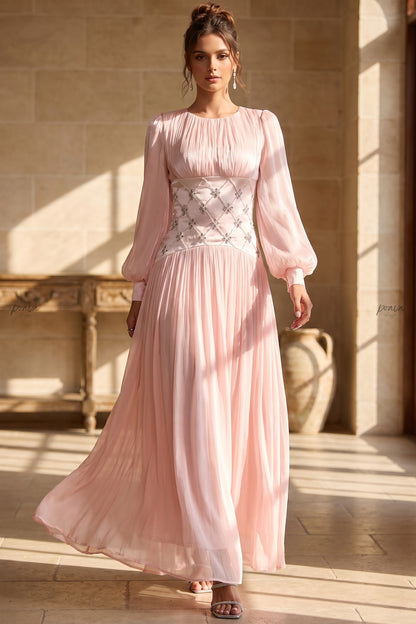 Pale Pink Chiffon A-Line Maxi Dress with Embellished Waist pale pink chiffon maxi dress - product view 6