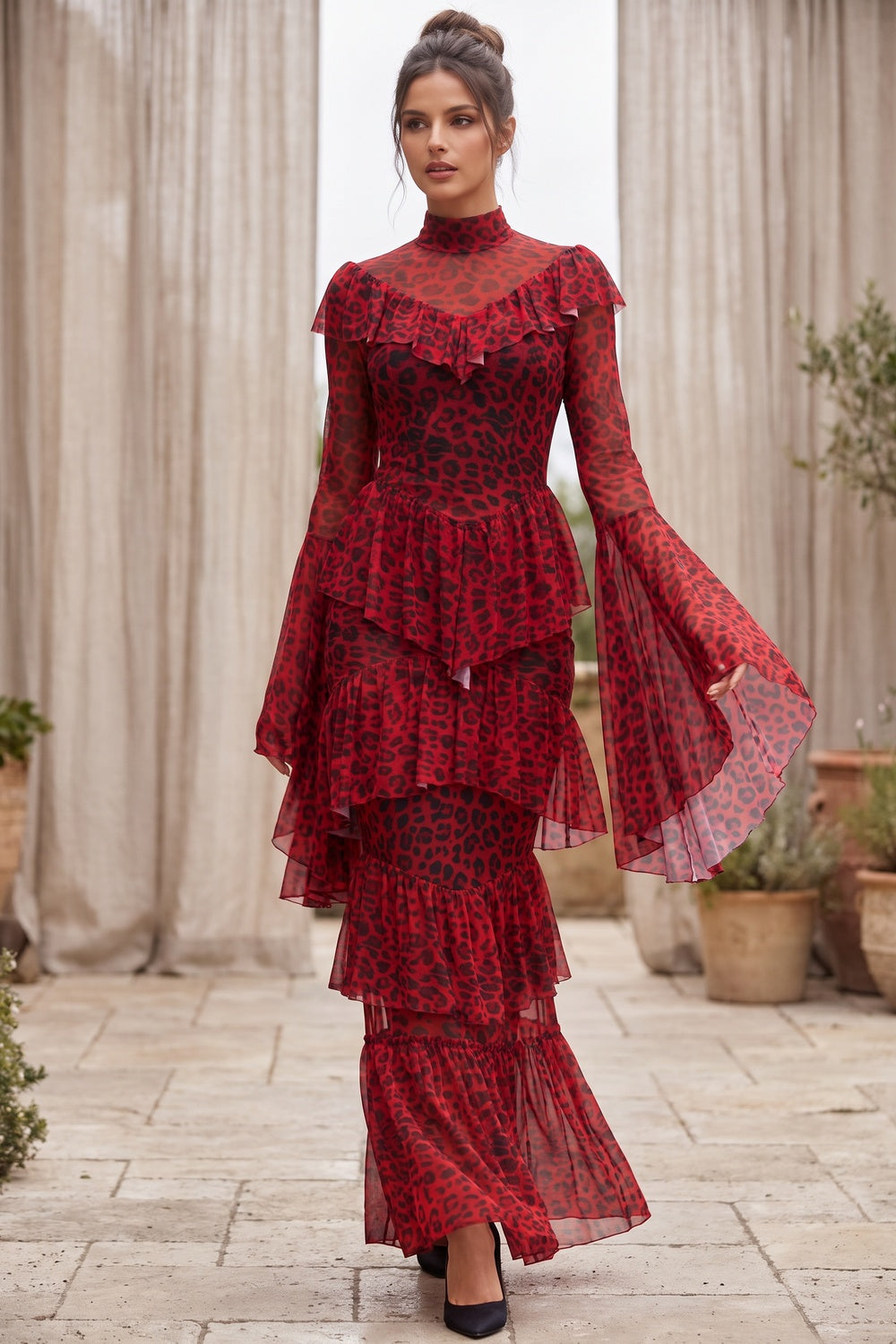 Red Sheer Mesh Tiered Maxi Dress red sheer mesh dress - product view 8