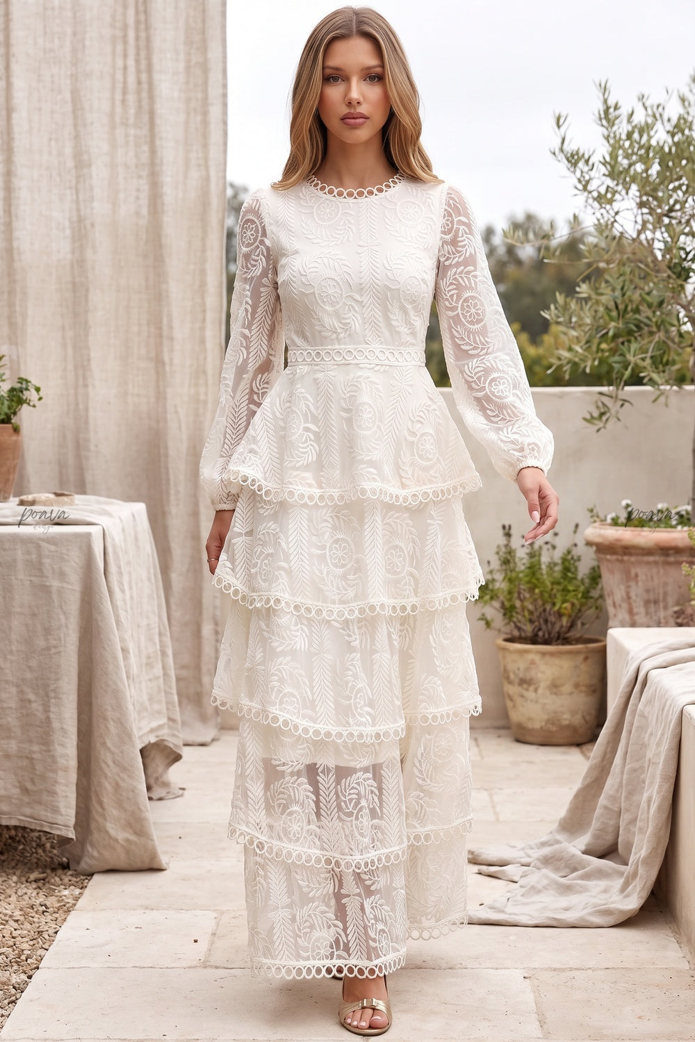 Off-white embroidered lace on mesh base tiered A-line maxi dress off-white embroidered lace on mesh base maxi dress - product view 8