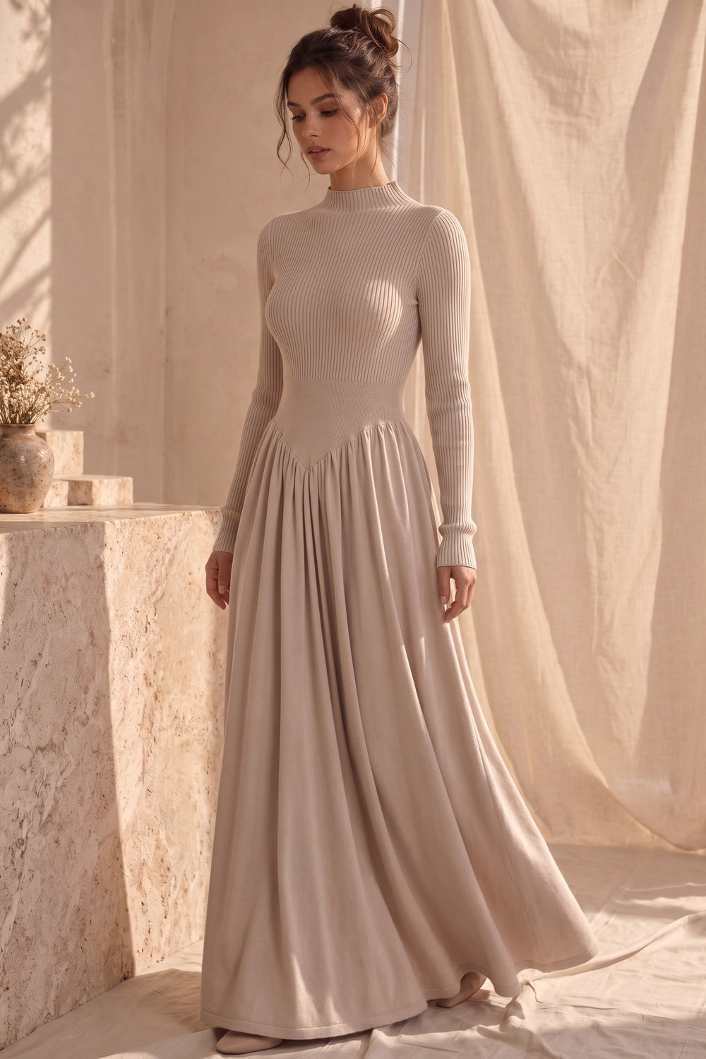 Beige Ribbed Knit Maxi Dress beige knit dress - product view 8