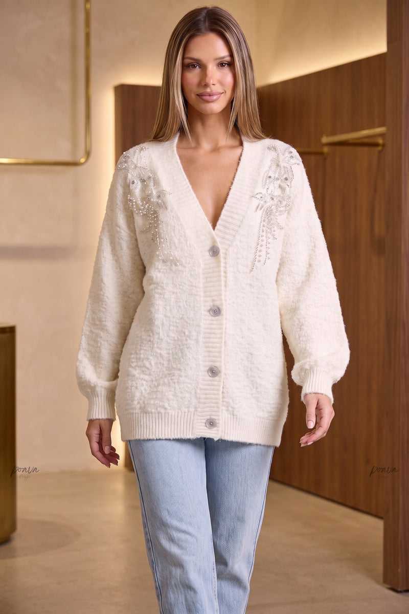 Cream Bouclé Knit Oversized Cardigan with Pearl Shoulder Embellishments