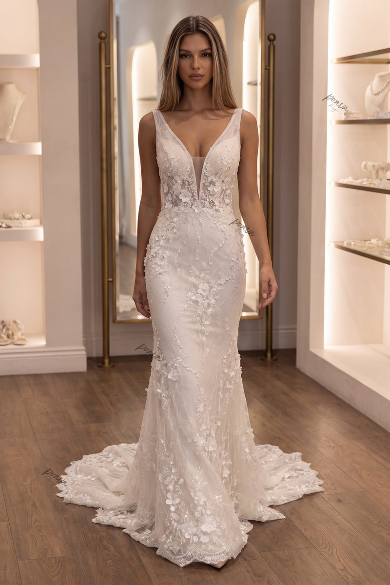 Ivory Tulle Mesh Mermaid Bridal Gown