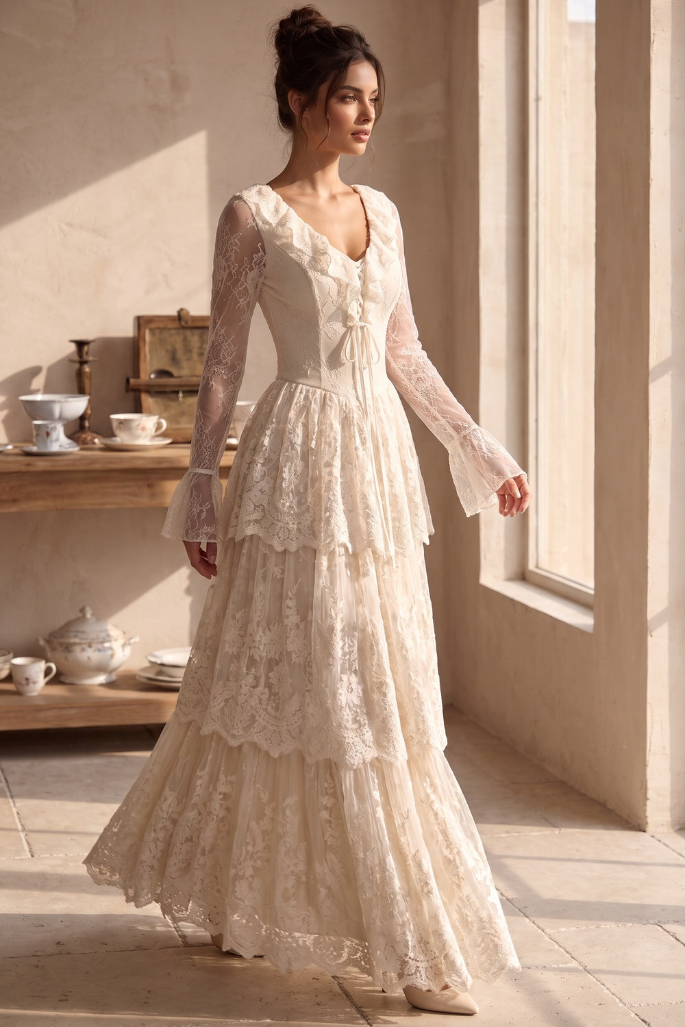 Cream Floral Lace Tiered Maxi Dress with Lace-Up Bodice cream floral lace dress - product view 8