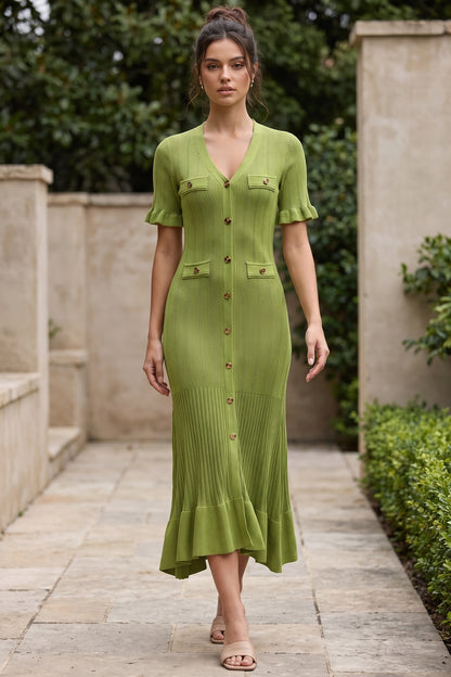 Olive Green Ribbed Knit A-Line Trumpet Midi Dress olive green ribbed knit dress - product view 8