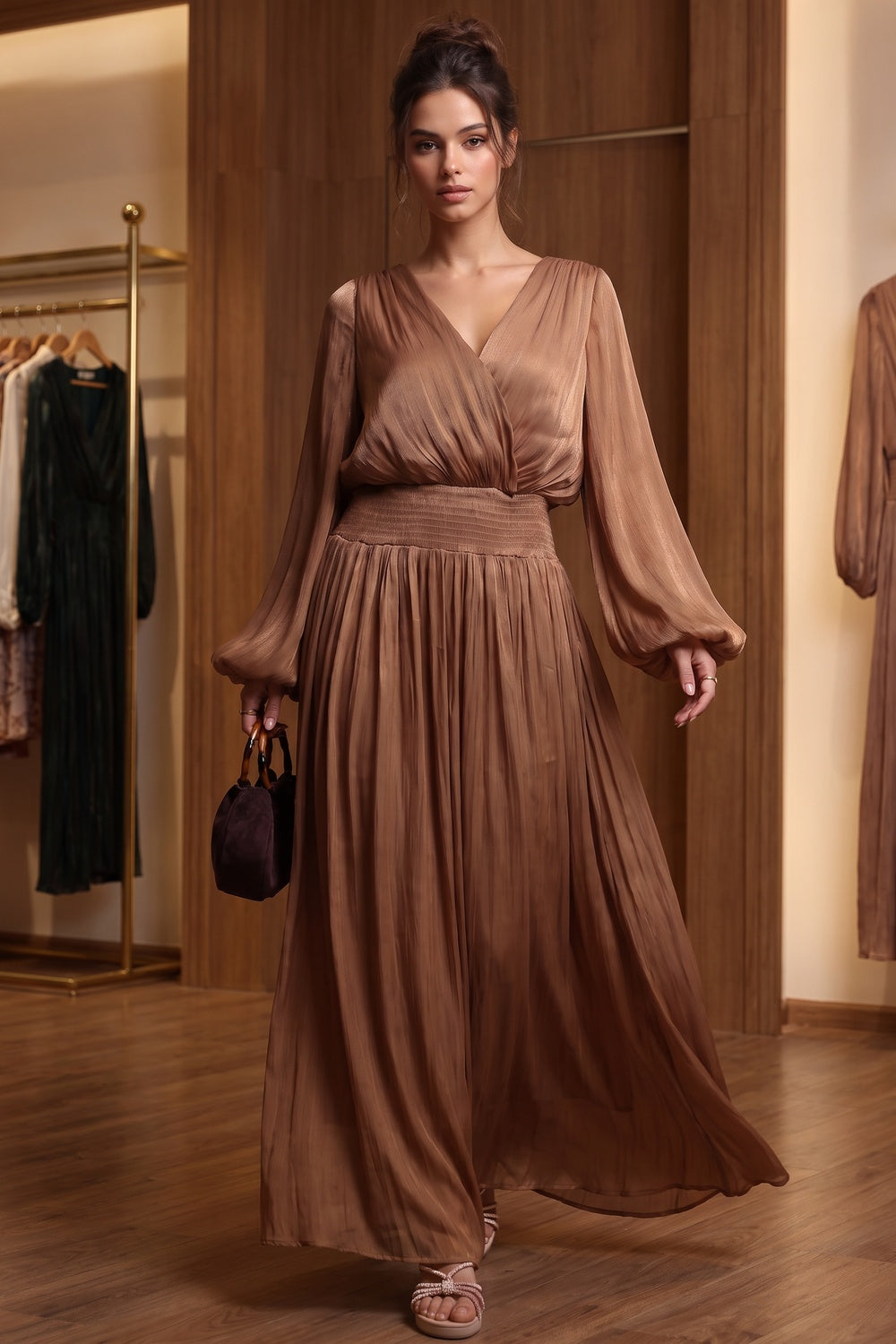 Bronze Brown Pleated Satin-Georgette Blend Maxi Dress bronze brown pleated satin-georgette blend maxi dress - product view 8