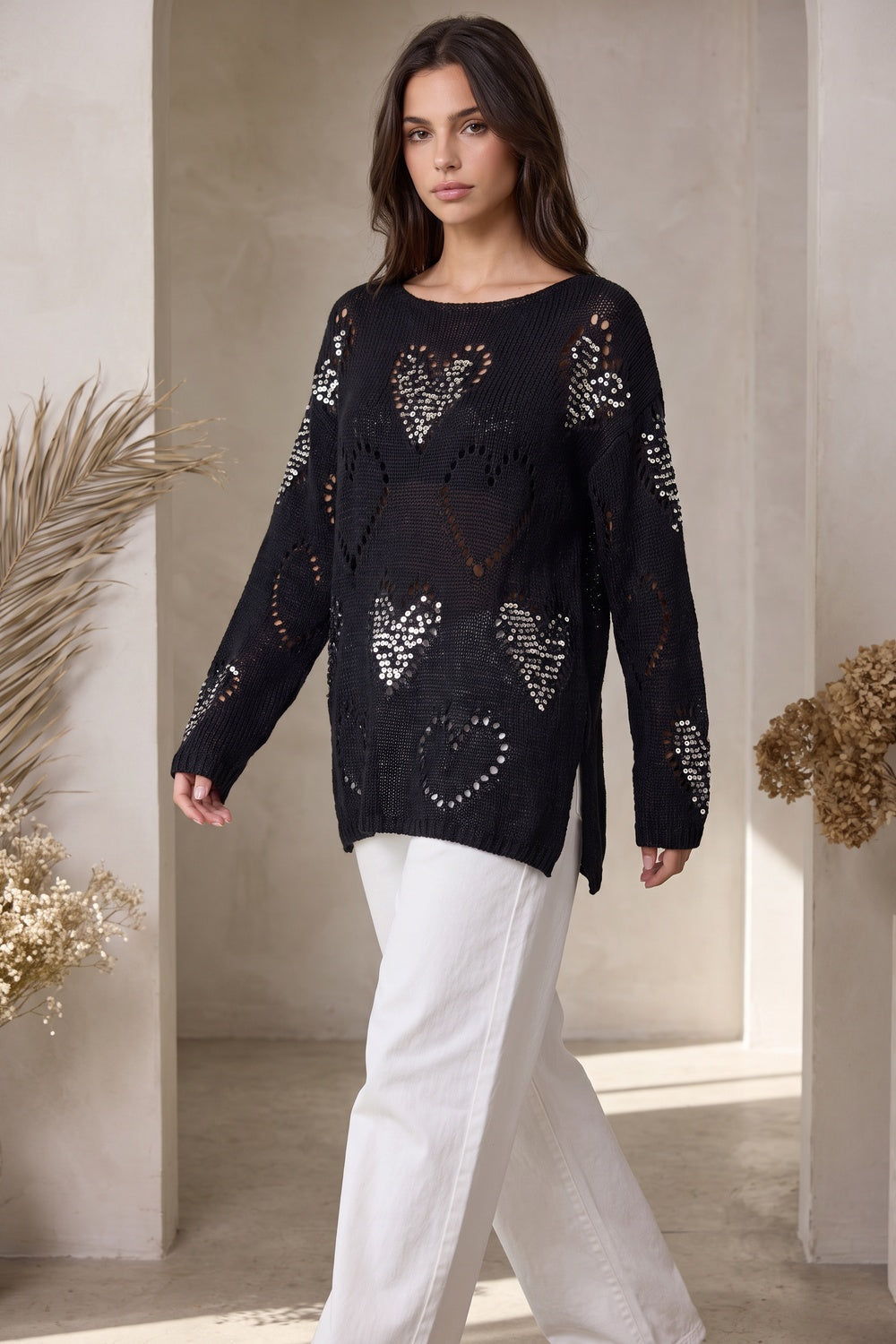 Black Open-Work Knit Oversized Sweater with Silver Sequin Hearts black open-work knit sweater - product view 8