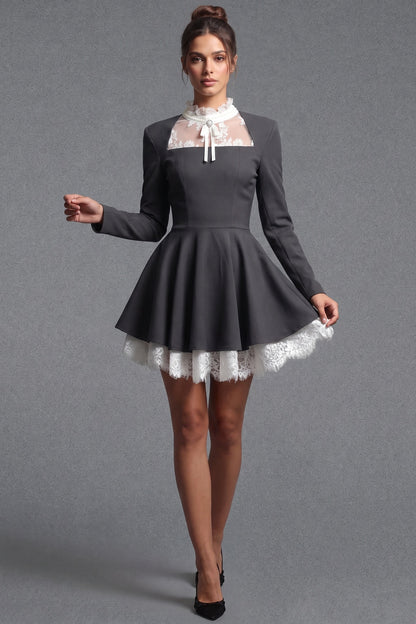 Dark Grey Structured Woven Suiting Fit-and-Flare Mini Dress dark grey structured woven suiting fabric mini dress - product view 8