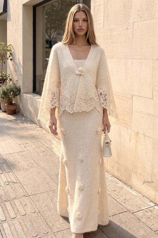 Cream Fuzzy Mohair-Blend Two-Piece Knit Set with Capelet and Rose Appliqué Maxi Dress cream, off-white fuzzy mohair-blend knit two-piece knit set (capelet and maxi dress) - product view 8