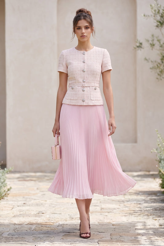 Pale Pink Tweed Fitted Bodice with Peplum and A-Line Skirt Two-Piece Set pale pink, cream tweed two-piece set - product view 8