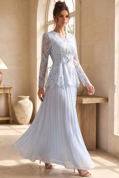 Light Blue Floral Lace Peplum Top & Pleated Maxi Skirt Two-Piece Dress Set light blue floral lace and pleated chiffon two-piece dress set - product view 8