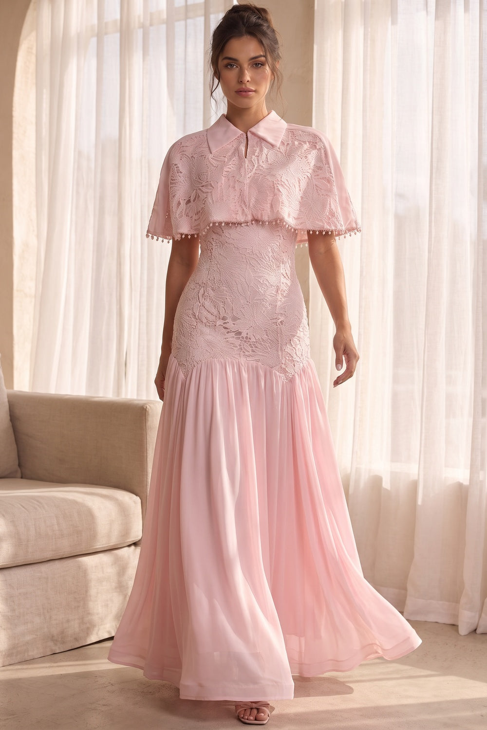 Pastel Pink Floral Lace Fitted Bodice with Flared Mermaid-Style Skirt Dress with Matching Capelet pastel pink floral lace dress with matching capelet - product view 8