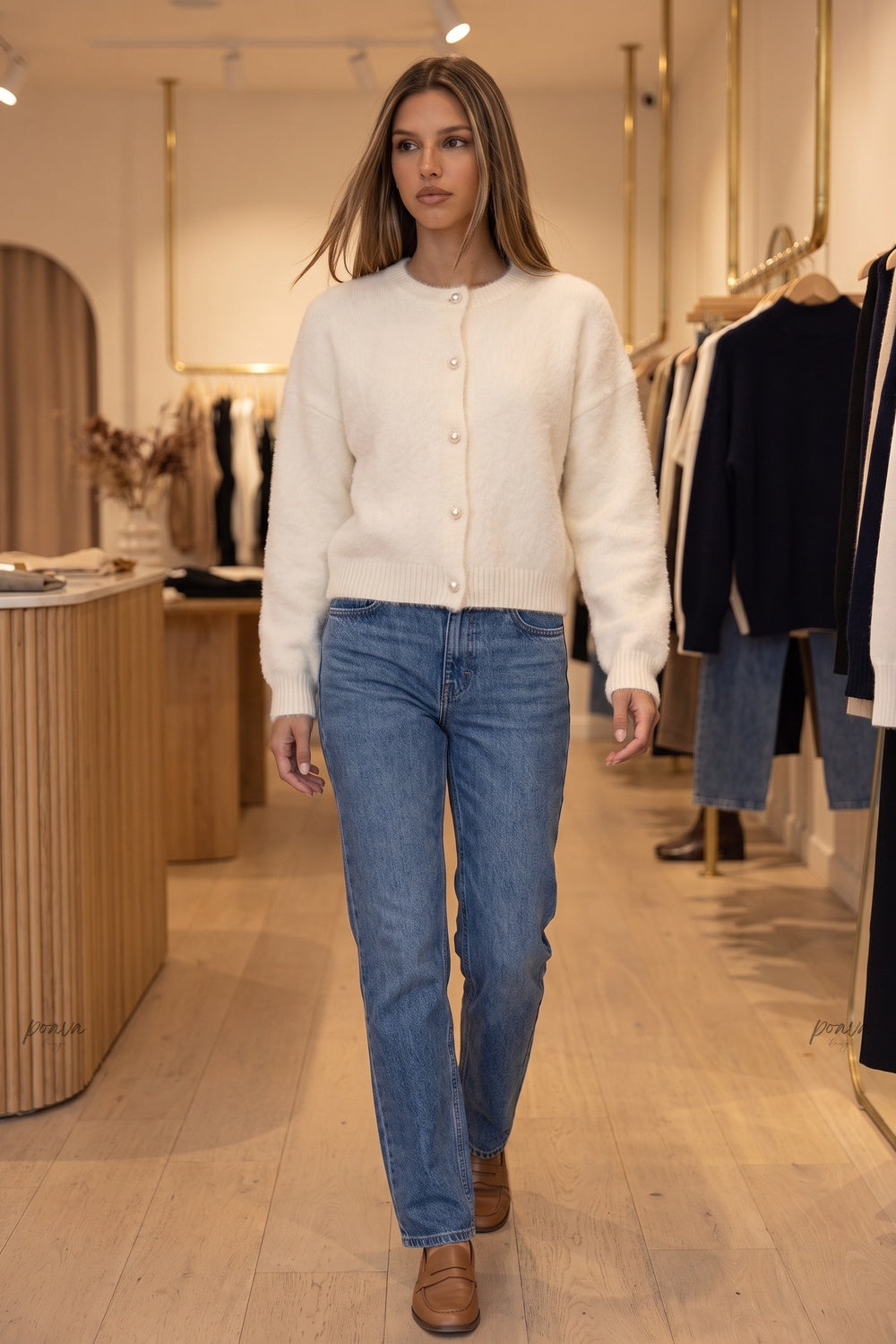 Cream Fuzzy Knit Boxy Drop-Shoulder Cardigan cream, off-white fuzzy knit cardigan - product view 7