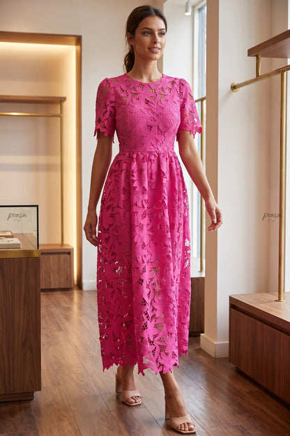 Magenta Guipure Lace A-Line Midi Dress magenta guipure lace dress - product view 6