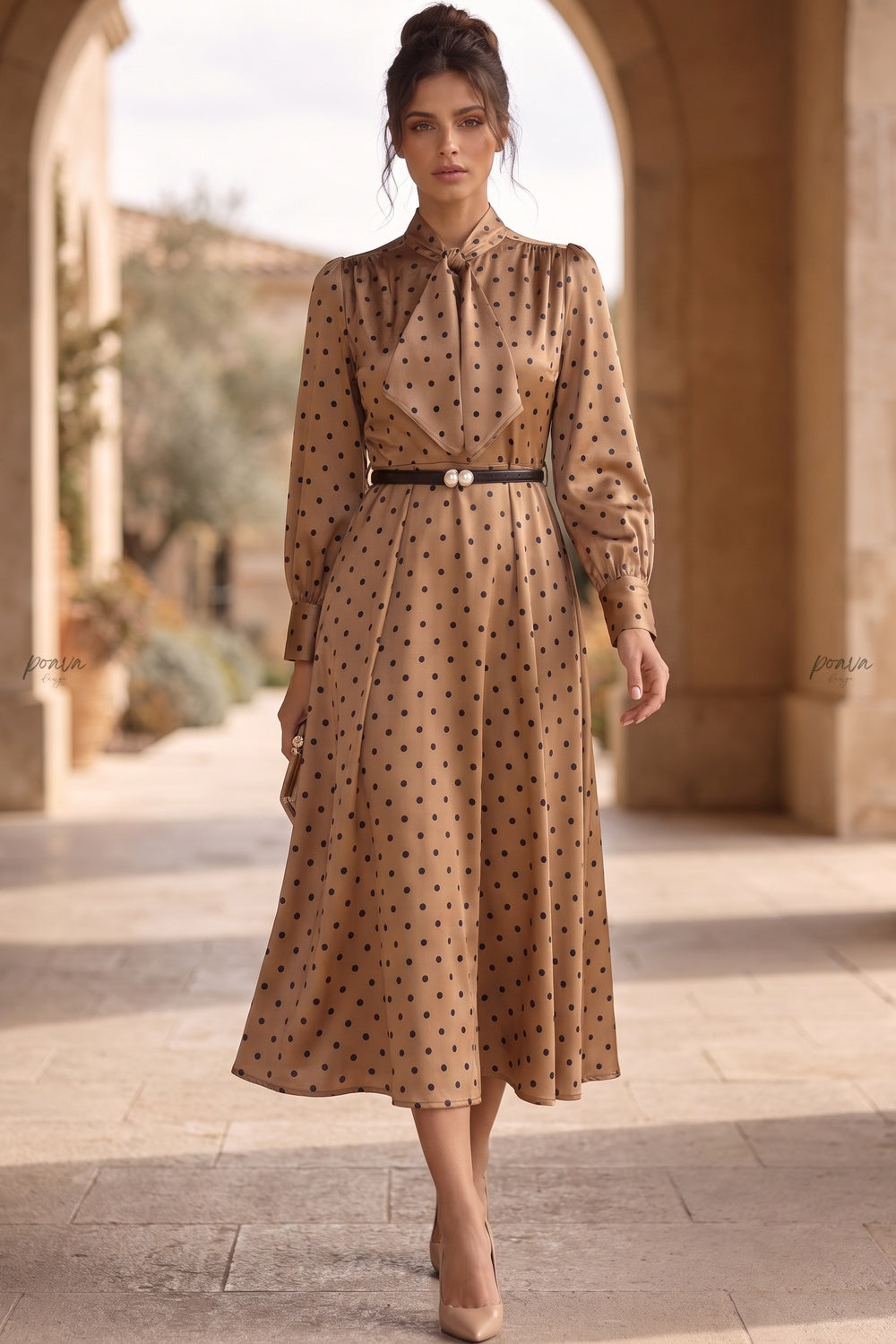 Bronze-gold Satin Polka Dot A-line Midi Dress Bronze-gold Satin Midi dress - product view 7