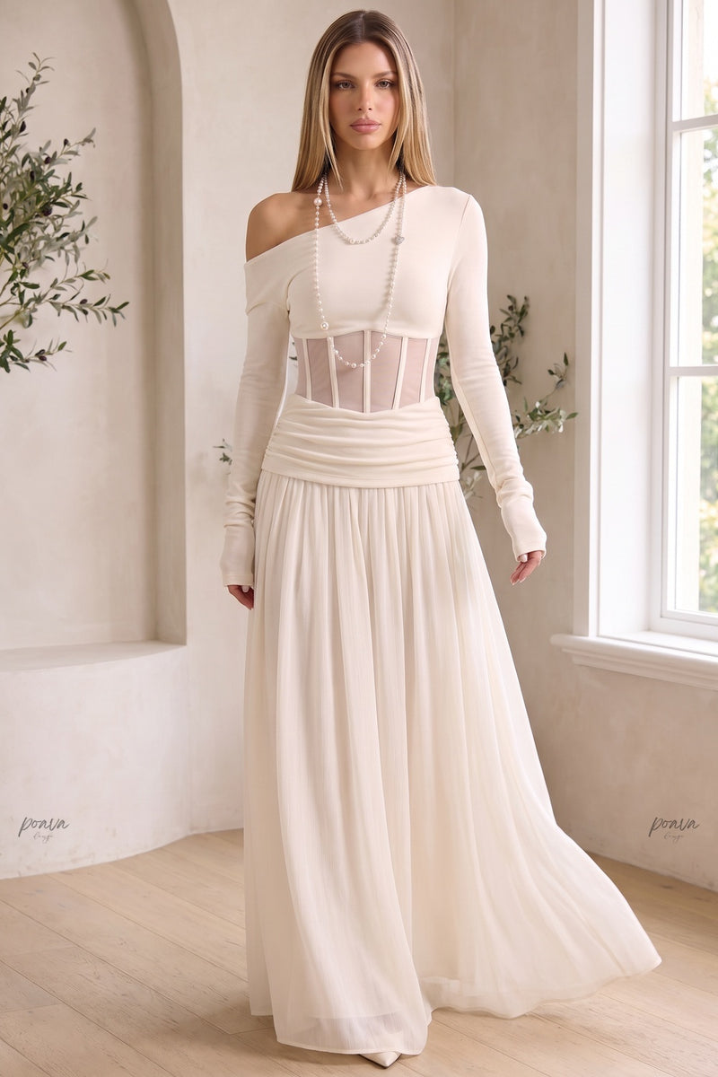 Cream Asymmetrical Off-The-Shoulder Maxi Dress with Sheer Corset Waist