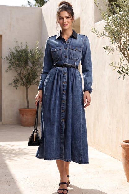 Medium Blue Denim A-Line Shirt Dress with Contrast Collar medium blue denim shirt dress - product view 8