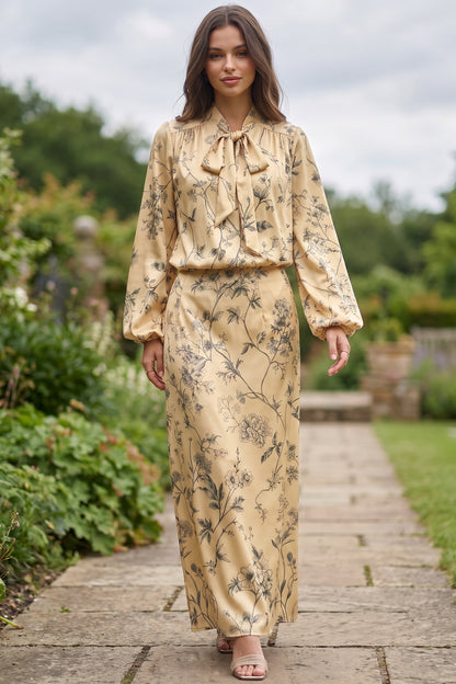 Pale Yellow Botanical Floral Two-Piece Set pale yellow satin-weave synthetic or silk blend two-piece set - product view 8