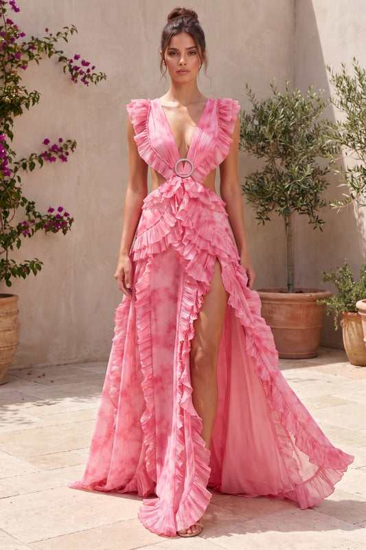 Pink Watercolor Chiffon A-Line Gown with Waist Cut-Outs pink chiffon gown - product view 8